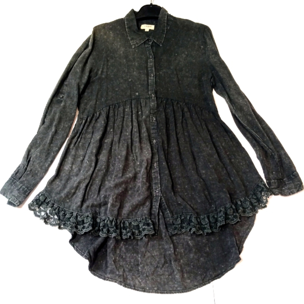 UMGEE Women's Shirt Dress Button Down Grey stone washed High-low SIZE SMALL